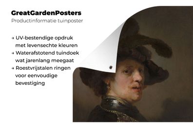Gartenposter - 120x160 cm - Tronie eines Mannes mit gefiederter Baskenmütze - Rembran