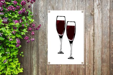 Gartenposter - 60x90 cm - Wein - Zeichnung - Zwei Weingläser - Gefüllt - Bild
