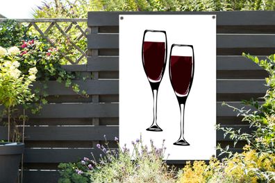 Gartenposter - 80x120 cm - Wein - Zeichnung - Zwei Weingläser - Gefüllt - Bild