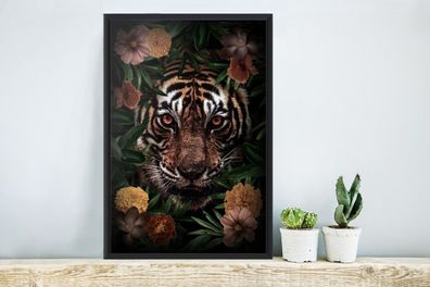 Poster - 40x60 cm - Tiger - Braun - Blumen (Gr. 40x60 cm)