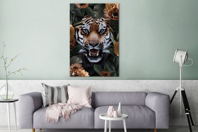 Leinwandbilder - 90x140 cm - Tiger - Brüllen - Blume (Gr. 90x140 cm)