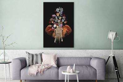 Leinwandbilder - 90x140 cm - Elefant - Blumen - Schwarz (Gr. 90x140 cm)