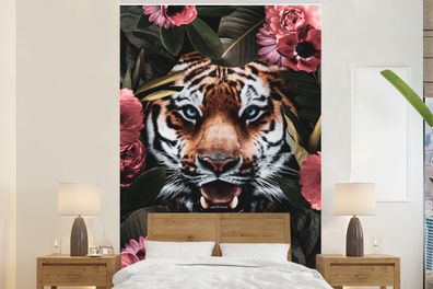 Fototapete - 200x300 cm - Rosa - Tiger - Pflanzen (Gr. 200x300 cm)