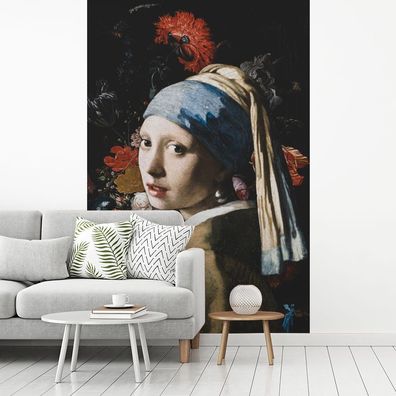 Fototapete - 170x260 cm - Mädchen mit Perlenohrring - Johannes Vermeer - Blumen - Rot
