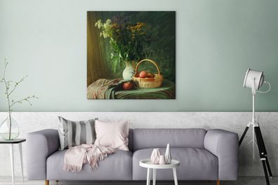Leinwandbilder - 90x90 cm - Stilleben - Blumen - Apfel - Korb - Tisch - Malerei