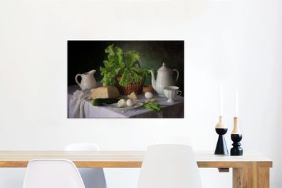 Leinwandbilder - 90x60 cm - Stilleben - Lebensmittel - Teekanne - Käse - Krug - Salat