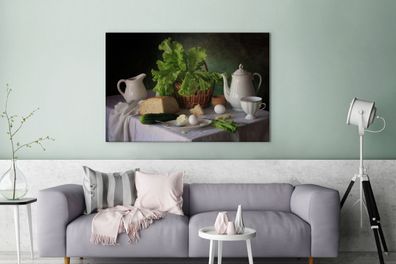 Leinwandbilder - 140x90 cm - Stilleben - Lebensmittel - Teekanne - Käse - Krug - Sala
