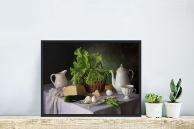 Poster - 30x20 cm - Stilleben - Lebensmittel - Teekanne - Käse - Krug - Salat - Eier