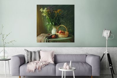 Glasbilder - 90x90 cm - Stilleben - Blumen - Apfel - Korb - Tisch - Malerei