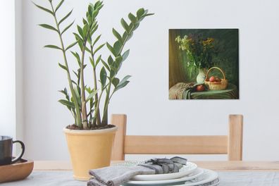 Leinwandbilder - 20x20 cm - Stilleben - Blumen - Apfel - Korb - Tisch - Malerei