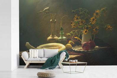 Fototapete - 450x300 cm - Stilleben -Kunst -Gemälde - Früchte - Sonnenblume - Lichtsz