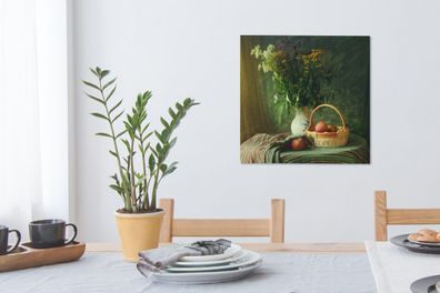 Leinwandbilder - 50x50 cm - Stilleben - Blumen - Apfel - Korb - Tisch - Malerei