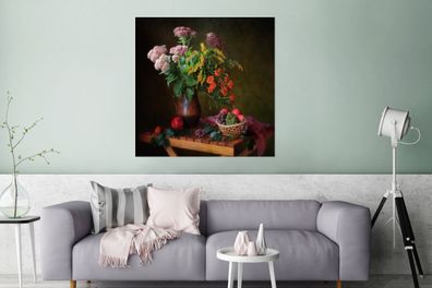Glasbilder - 90x90 cm - Malerei - Stillleben - Obst - Blumen - Tisch - Kunst