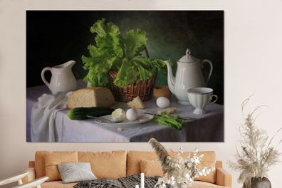 Glasbilder - 150x100 cm - Stilleben - Lebensmittel - Teekanne - Käse - Krug - Salat -