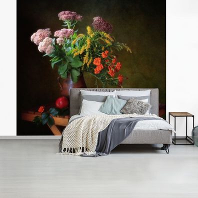 Fototapete - 265x240 cm - Malerei - Stillleben - Obst - Blumen - Tisch - Kunst