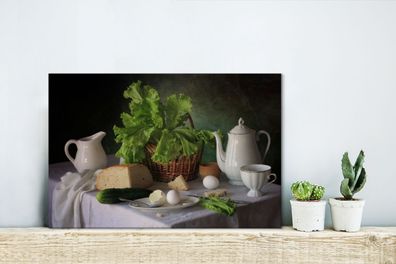 Leinwandbilder - 30x20 cm - Stilleben - Lebensmittel - Teekanne - Käse - Krug - Salat