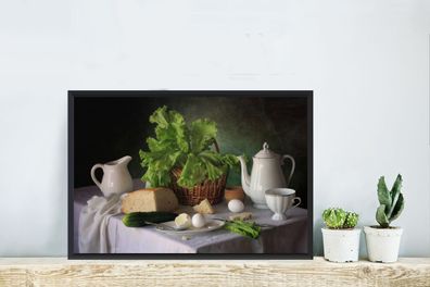 Poster - 60x40 cm - Stilleben - Lebensmittel - Teekanne - Käse - Krug - Salat - Eier
