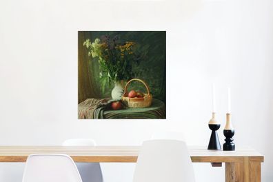 Glasbilder - 50x50 cm - Stilleben - Blumen - Apfel - Korb - Tisch - Malerei