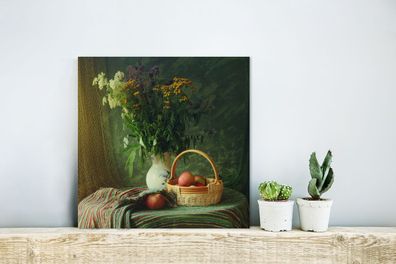 Glasbilder - 20x20 cm - Stilleben - Blumen - Apfel - Korb - Tisch - Malerei
