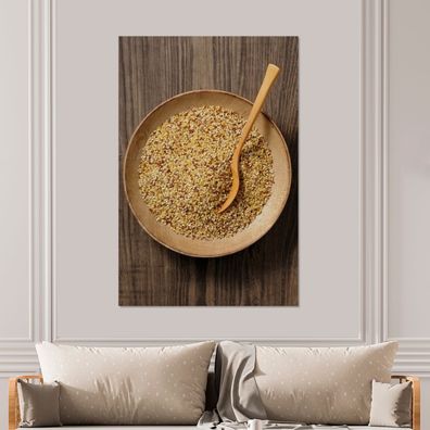 Glasbilder - 100x150 cm - Eine rustikale Holzschale mit Quinoa und Holzlöffel