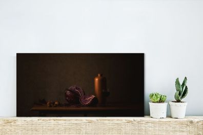Leinwandbilder - 40x20 cm - Stilleben - Rotkohl - Tisch - Malerei - Vase - Dunkelheit