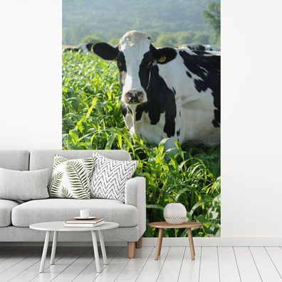 Fototapete - 145x220 cm - Kuh - Gras - Berg - Tiere (Gr. 145x220 cm)
