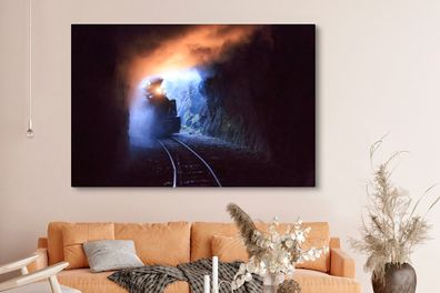 Leinwandbilder - 150x100 cm - Dampflokomotive fährt in einen Tunnel ein