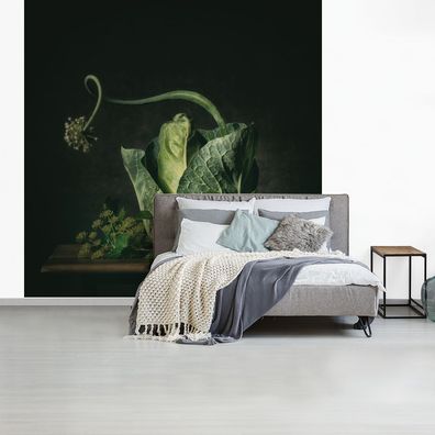 Fototapete - 350x350 cm - Gemälde - Stillleben - Blume - Grün - Wanddekoration