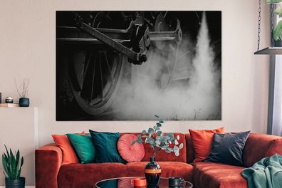 Leinwandbilder - 150x100 cm - Die Räder einer Dampflokomotive in Schwarz und Weiß