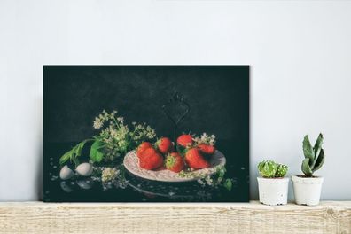 Leinwandbilder - 30x20 cm - Erdbeeren - Malerei - Stillleben - Blumen - Ei - Teller