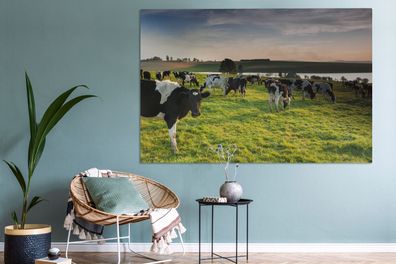 Leinwandbilder - 150x100 cm - Kuh - Gras - Sonnenuntergang (Gr. 150x100 cm)