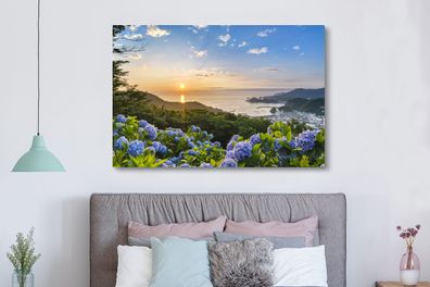Leinwandbilder - 150x100 cm - Sonnenuntergang über Hortensienblüten (Gr. 150x100 cm)