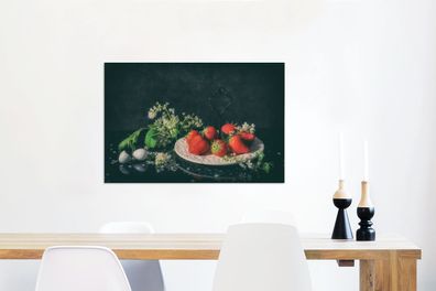 Leinwandbilder - 90x60 cm - Erdbeeren - Malerei - Stillleben - Blumen - Ei - Teller