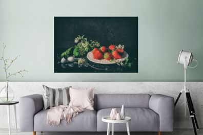 Glasbilder - 120x80 cm - Erdbeeren - Malerei - Stillleben - Blumen - Ei - Teller