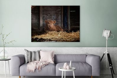 Leinwandbilder - 120x90 cm - Schottischer Hochländer - Bauernhof - Stroh