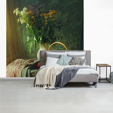 Fototapete - 220x220 cm - Stilleben - Blumen - Apfel - Korb - Tisch - Malerei