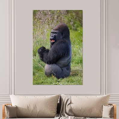 Glasbilder - 100x150 cm - Ein Schwarzer Gorilla bei der Nahrungssuche
