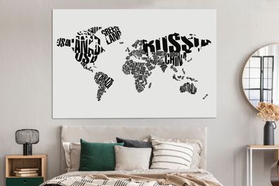 Leinwandbilder - 150x100 cm - Weltkarte - Schwarz - Weiß - Wörter (Gr. 150x100 cm)