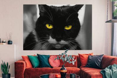 Leinwandbilder - 150x100 cm - Schwarz-Weiß-Foto des Kopfes einer schwarzen Katze mit
