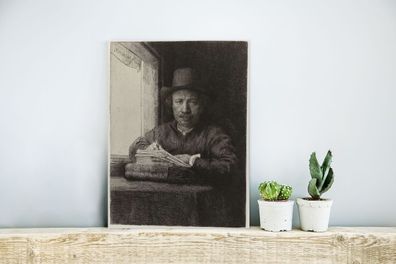 Glasbilder - 30x40 cm - Selbstbildnis von Rembrandt, Radierung neben einem Fenster -