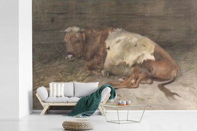 Fototapete - 450x300 cm - Junger Stier liegend - Gemälde von Anton Mauve