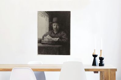 Glasbilder - 60x80 cm - Selbstbildnis von Rembrandt, Radierung neben einem Fenster -