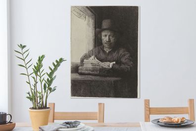 Leinwandbilder - 60x80 cm - Selbstbildnis von Rembrandt, Radierung neben einem Fenste