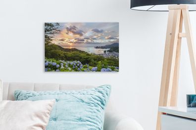 Leinwandbilder - 30x20 cm - Meerblick und Hortensien (Gr. 30x20 cm)