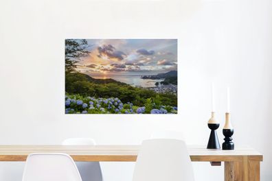 Glasbilder - 60x40 cm - Meerblick und Hortensien (Gr. 60x40 cm)
