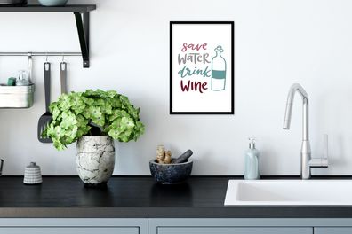 Poster - 20x30 cm - Wein - Wasser sparen, Wein trinken - Weinflasche - Weintrinker -