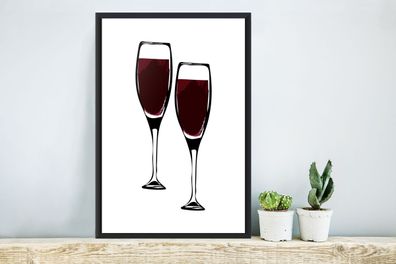 Poster - 40x60 cm - Wein - Zeichnung - Zwei Weingläser - Gefüllt - Bild