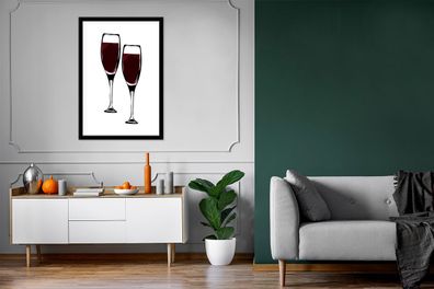 Poster - 80x120 cm - Wein - Zeichnung - Zwei Weingläser - Gefüllt - Bild