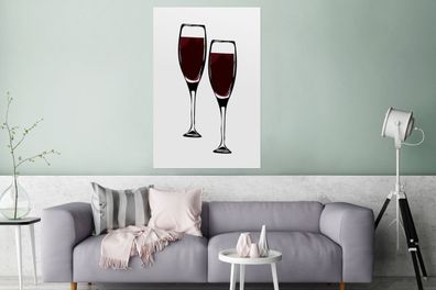 Glasbilder - 80x120 cm - Wein - Zeichnung - Zwei Weingläser - Gefüllt - Bild