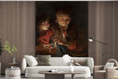Fototapete - 225x280 cm - Alte Frau und Junge mit Kerzen - Gemälde von Peter Paul Rub